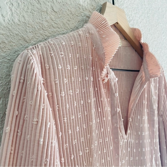 Pink Swiss Dot Pleated High Neck Blouse - Picture 6 of 13